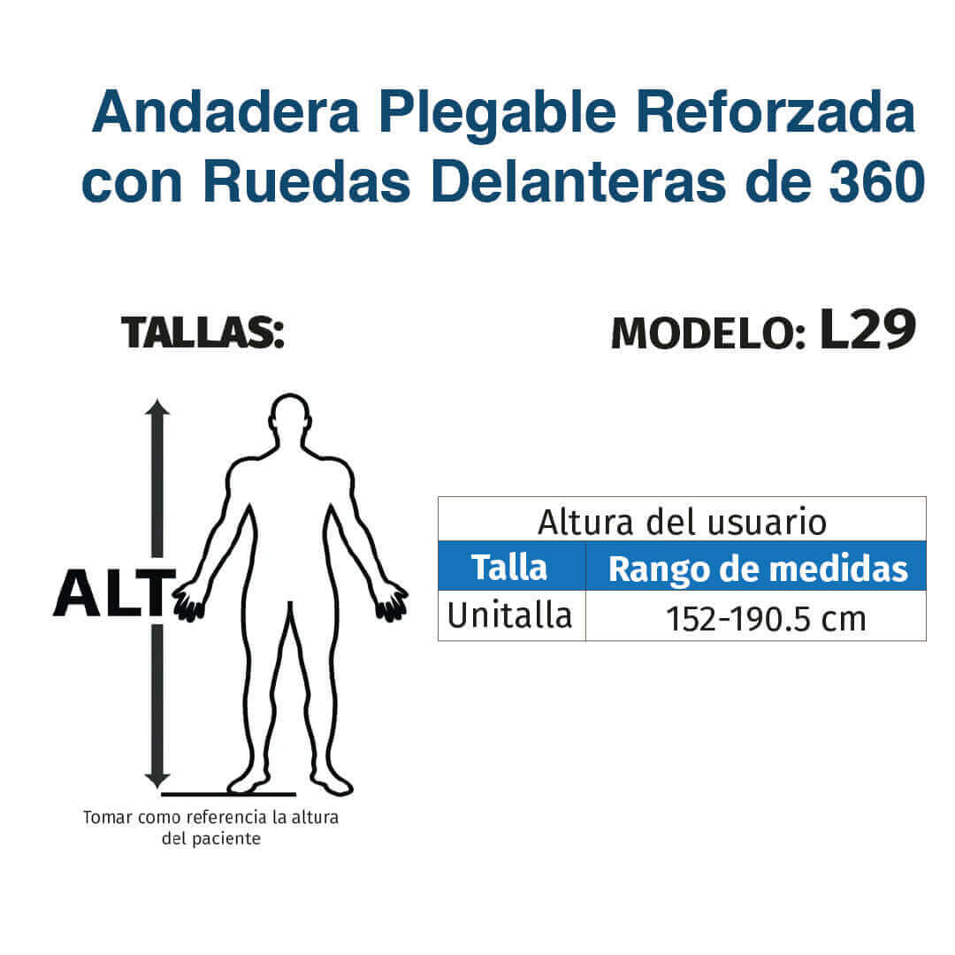 Andadera de aluminio reforzada, con ruedas - Producto ortopédico